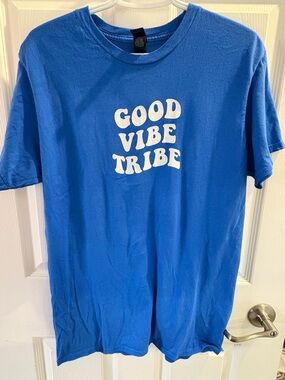 Hanes Blue T-Shirt with White "Good Vibe Tribe" Graphic. Unisex or men’s large.